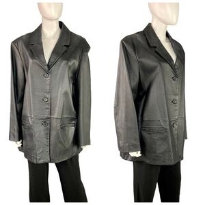 Classic black leather not collared button minimal blazer Jacket 2X